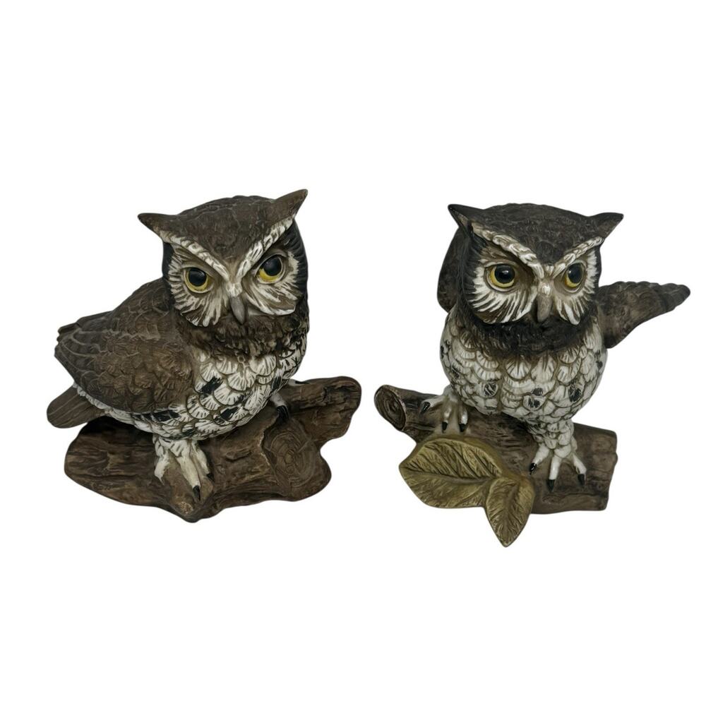 Two Vintage 1970s HOMCO Classic 5” Horned Owl Figurines #1114 Ceramic Porcelain